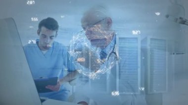 Globe and computer servers over caucasian senior male doctor and male health worker using computer. Medical healthcare and technology concept