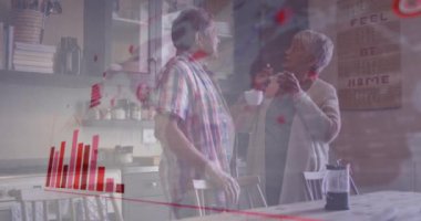 Animation of data processing over senior biracial couple talking. global business, finances, connections and digital interface concept digitally generated video.