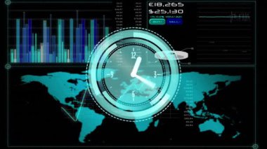 Dünya haritasında ileri giden saatin animasyonu ve ekranda veri işleme. küresel iş ve veri işleme kavramı dijital olarak oluşturulmuş video.