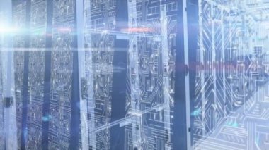 Sunucu odasındaki bilgisayar devre kartının animasyonu. küresel teknoloji, bilgisayar ve dijital arayüz kavramı dijital olarak oluşturulmuş video.