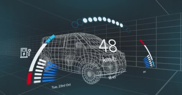 Animacja Prędkościomierza Nad Projektem Elektrycznego Vana Tle Marynarki Wojennej Samochody — Wideo stockowe