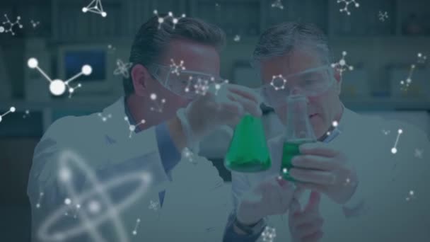 Animation Molecules Caucasian Male Scientists Working Laboratory Global Science Research — Wideo stockowe