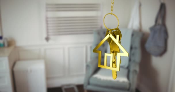 Altın Anahtarları Arka Plandaki Modern Oturma Odasının Tarafında Asılı Gayrimenkul — Stok video