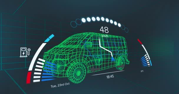 Анімація Спідометра Над Проектом Електричного Фургона Фоні Флоту Електричні Автомобілі — стокове відео