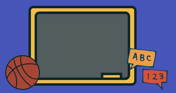 Illustration of writing slate with basketball and abc and 123 text over blue background, copy space.