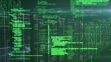 Sunucu odasında veri işleme animasyonu. küresel teknoloji, bilgisayar ve dijital arayüz kavramı dijital olarak oluşturulmuş video.