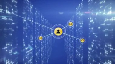 Sunucu odasındaki bağlantı ağının animasyonu. küresel bağlantılar, veri işleme ve dijital arayüz konsepti dijital olarak oluşturulmuş video.