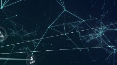 Mavi bağlantıların üzerindeki simgelerle bağlantı ağının animasyonu. küresel bağlantılar, veri işleme ve dijital arayüz konsepti dijital olarak oluşturulmuş video.