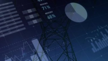 Yüksek voltaj hatları üzerinden finansal veri işleme animasyonu. küresel bağlantılar, veri işleme ve dijital arayüz konsepti dijital olarak oluşturulmuş video.