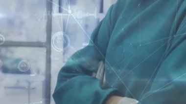 Animation of finacial data processing over caucasian surgeon in operating theatre. global medicine, healthcare services during covid 19 pandemic concept digitally generated video.