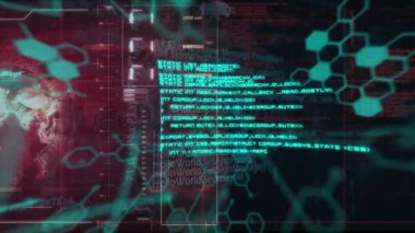 Dönen küre ve yüzen kimyasal yapılara karşı veri işleme ile dijital arayüz. bilgisayar arayüzü ve teknoloji kavramı