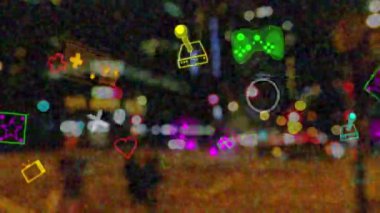Bulanık gece manzarası üzerinde hareket eden çeşitli neon şekillerin animasyonu. iletişim teknolojisi ve şehir hayatı konsepti dijital olarak oluşturulmuş video.