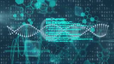 Karanlık arka planda bilimsel veri işleme animasyonu. küresel bilim, bağlantılar, veri işleme ve dijital arayüz kavramı dijital olarak oluşturulmuş video.
