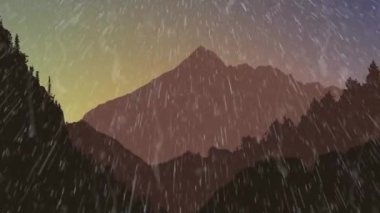 Dağ manzarasına düşen yağmur animasyonu. Doğa, hava ve doğal olaylar konsepti dijital olarak oluşturulmuş video.