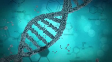Düşen moleküllerin mavi arka planda dönen DNA iplikçikleri üzerindeki animasyonu. küresel bilim, bağlantılar, veri işleme ve dijital arayüz kavramı dijital olarak oluşturulmuş video.