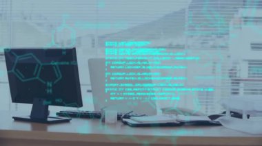 Kafkas erkek doktor üzerinde bilimsel veri işleme animasyonu. küresel bilim, bağlantılar, veri işleme ve dijital arayüz kavramı dijital olarak oluşturulmuş video.