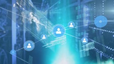 Sunucular üzerindeki simgelerle bağlantı ağının animasyonu. küresel ağ, bağlantılar ve teknoloji konsepti dijital olarak oluşturulmuş video.