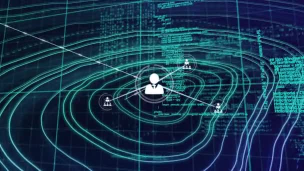 Анімація Мережі Язків Піктограмами Над Цифровим Ландшафтом Глобальні Єднання Обробка — стокове відео