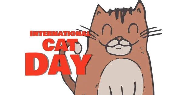 Illustrative image of brown cat and international cat day text against white background, copy space. Vector, pet, animal, protection and awareness concept.