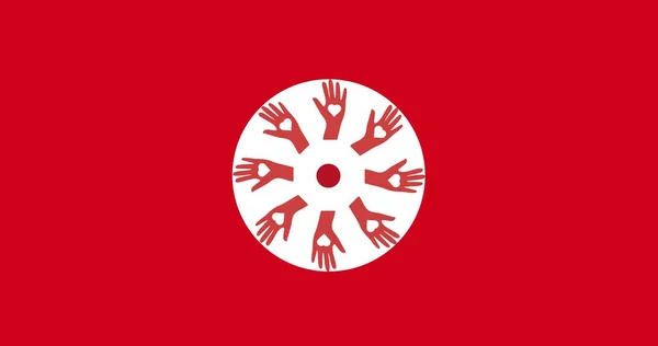 Ilustracja Czerwonych Rąk Kształtami Serca Dłoniach Tworzących Okrąg Czerwonym Tle — Zdjęcie stockowe