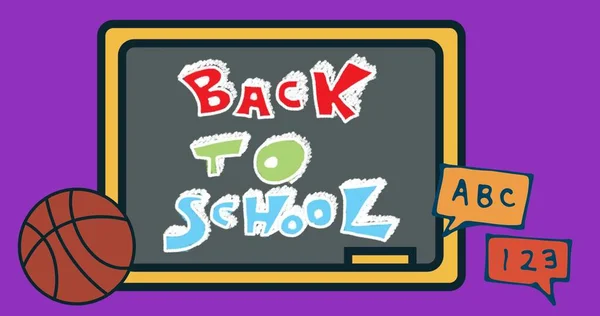 Illustration of writing slate with basketball and abc, 123 and back to school text, copy space. Violet background, vector, copy space, learning, education and school concept.