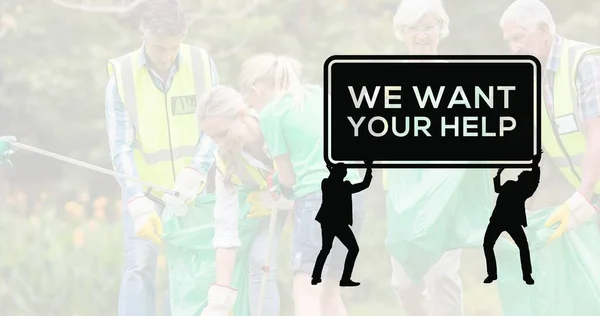 Caucasian volunteers collecting garbage and illustration of people with we want your help sign. Composite, international day of charity, cleaning, support, awareness and environmental issues.