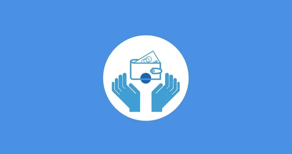 蓝色的手与钱包在白色的圆形与蓝色的背景 复制空间的说明 国际慈善 志愿者 庆祝日 — 图库照片