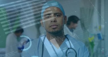 Animation of financial graphs over biracial male doctor. Medicine, health, doctor profession, finance and economy concept digitally generated video.