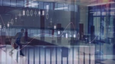 Afro-Amerikan basketbolcu üzerinden finansal veri işleme animasyonu. küresel spor ve veri işleme kavramı dijital olarak oluşturulmuş video.