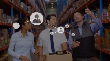 Animation of network of connections over diverse group of warehouse workers. global shipping, delivery and connections concept digitally generated video.