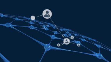 Mavi ağ üzerindeki simgelerle bağlantı ağının animasyonu. küresel bağlantılar, veri işleme ve dijital arayüz konsepti dijital olarak oluşturulmuş video.