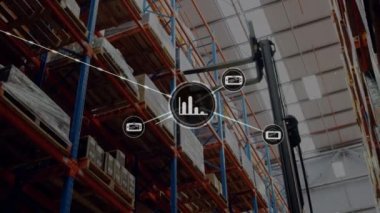 Depo üzerinden bağlantı ağının animasyonu. küresel sevkiyat, dağıtım ve bağlantılar konsepti dijital olarak oluşturulmuş video.