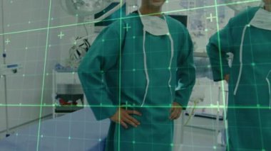 Animation of data processing over diverse male surgeons with face masks. global medicine and digital interface concept digitally generated video.