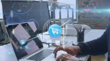 Animation of network of connections with icons over caucasian men using technology. global connections, data processing and digital interface concept digitally generated video.