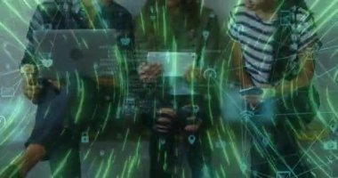 Animation of neon lights and connections over diverse female and male coworkers in office. Business, cooperation and working with technology concept digitally generated video.