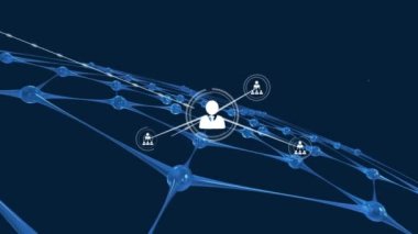 Mavi ağ üzerindeki simgelerle bağlantı ağının animasyonu. küresel bağlantılar, veri işleme ve dijital arayüz konsepti dijital olarak oluşturulmuş video.