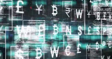 Siyah arkaplanda para sembolü ve veri işleme animasyonu. Veri işleme, finans ve dijital para birimi kavramı dijital olarak oluşturulmuş video.