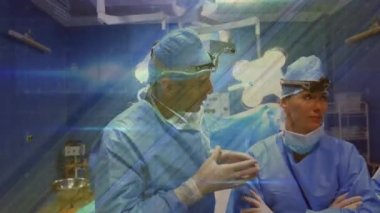 Kafkasyalı cerrahların ameliyat odasındaki yaşam çizgisi animasyonu. küresel tıp, covid 19 pandemik konsept sırasında sağlık hizmetleri dijital olarak üretilen video.