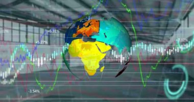 Finansal veriler ve grafikler üzerinde dönen dünyanın animasyonu. küresel finans, ekonomi ve teknoloji konsepti dijital olarak oluşturulmuş video.