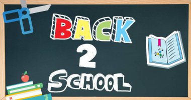 2 okul metni, kitap, elma ve makas, kopyalama alanı içeren resimli yazı tahtası. Meyve, vektör, okul malzemeleri, kırtasiye, eğitim ve okul konsepti.