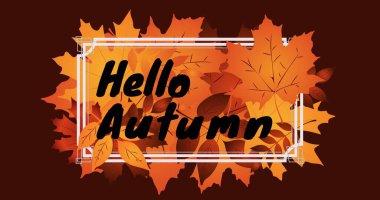 Akçaağaç yapraklarının resimli görüntüsü ve kahverengi arkaplanda beyaz çerçeveli sonbahar metni. Boşluk, vektör, sonbahar mevsimi ve doğa kavramını kopyala.