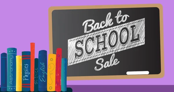 Illustration Back School Sale Text Writing Slate Various Subjects Textbooks — Stock Photo, Image