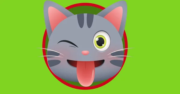Ілюстративне Зображення Симпатичної Сірої Кішки Підморгує Очі Стирчить Язиком Зеленому — стокове фото