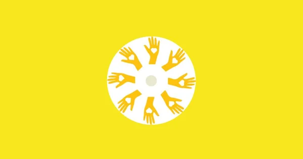 Ilustracja Dłoni Kształtami Serca Dłoniach Tworzących Okrąg Żółtym Tle Kopiowanie — Zdjęcie stockowe