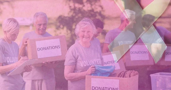 Multiple image of caucasian seniors holding donation boxes and awareness ribbon. International day of charity, together, retirement, healthcare, volunteer, support, healthcare, celebration concept.