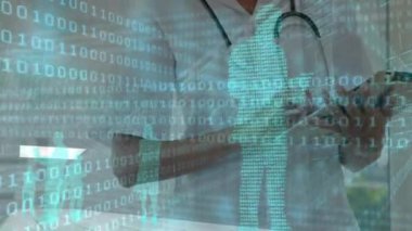 Animation of caucasian female doctor using tablet over data processing. global medicine and digital interface concept digitally generated video.