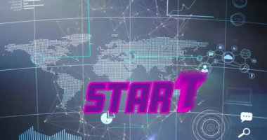 Mavi arkaplanda başlangıç metni ve dünya haritası canlandırması. Sosyal medya ve iletişim arayüzü kavramı dijital olarak oluşturulmuş video.