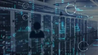 Sunucular üzerindeki simgelerin ve bağlantıların canlandırılması. küresel ağ, bağlantılar ve teknoloji konsepti dijital olarak oluşturulmuş video.