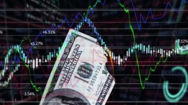 Karanlık arka planda finansal veri işleme animasyonu. küresel iş, finans, veri işleme ve dijital arayüz kavramı dijital olarak oluşturulmuş video.