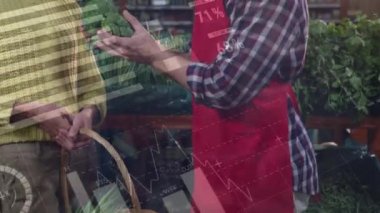 Kafkas erkek manavının kadın müşteriyle konuşması üzerine veri işleme animasyonu. Taze vejetaryen yiyecekler, bitki temelli diyet, dijital olarak üretilen sağlıklı yeme konsepti..